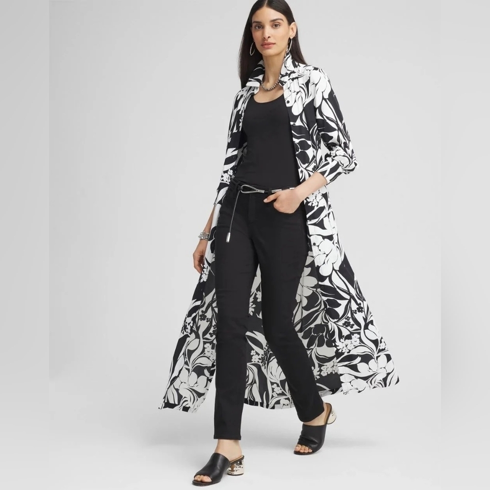 Chico's Black and White Floral Maxi Dress Coat